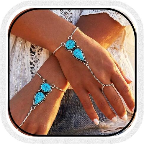 GORTIN Turquoise Hand Chain Bracelets Ring Link Chain Bracelet Set Boho Hand Chain Jewelry for Women Pack of 2 in Saudi Arabia