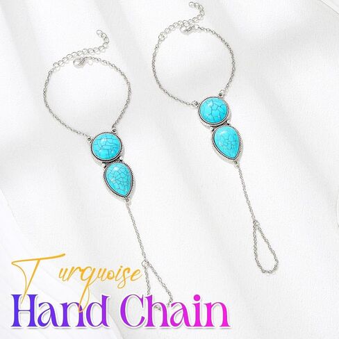 GORTIN Turquoise Hand Chain Bracelets Ring Link Chain Bracelet Set Boho Hand Chain Jewelry for Women Pack of 2 in Saudi Arabia