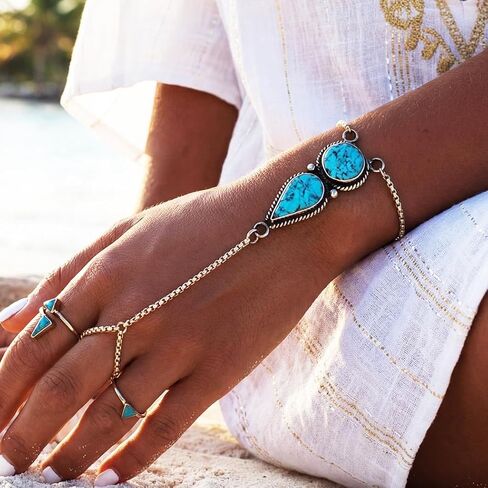 GORTIN Turquoise Hand Chain Bracelets Ring Link Chain Bracelet Set Boho Hand Chain Jewelry for Women Pack of 2 in Saudi Arabia