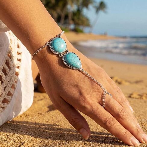 GORTIN Turquoise Hand Chain Bracelets Ring Link Chain Bracelet Set Boho Hand Chain Jewelry for Women Pack of 2 in Saudi Arabia
