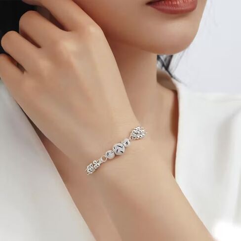 BEL'ARGENT Valentine's Day Gift 925 Sterling Silver Beaded Bracelet for Women | Adjustable Silver Chain Bracelet with Textured Beads | Minimalist Handmade Silver Jewelry Gift for Her in Saudi Arabia