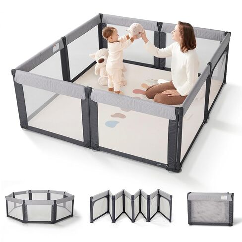 Sweeby Foldable Baby Playpen, 71x59 Playpens for Babies and Toddlers Large Play Yard with Door Baby Fence with Gate and Indoor & Outdoor Play Pen,Darkgrey in Kuwait