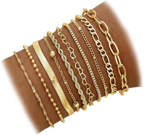 مجموعة أساور ذهبية 10 قطع للنساء، مجموعة أساور على شكل سلسلة مشبك ورق مطلية بالذهب عيار 14 قيراط قابلة للتكديس، مجموعة أساور ذهبية أنيقة هدية مجوهرات in Kuwait