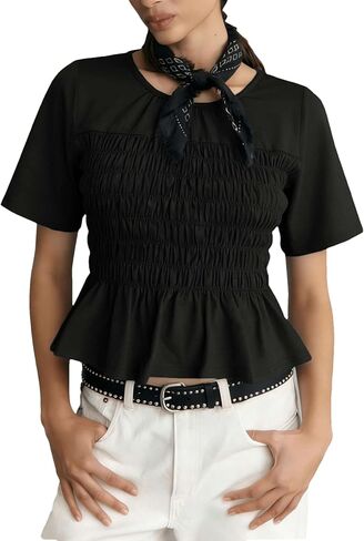 OPCAKM بيبي دول بلايز للنساء Smocked Y2K Peplum بلوزة قصيرة الأكمام قمصان لطيفة الصيف عادية فلوي تونك in Kuwait