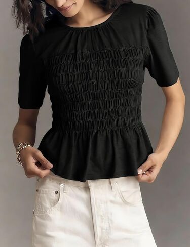 OPCAKM بيبي دول بلايز للنساء Smocked Y2K Peplum بلوزة قصيرة الأكمام قمصان لطيفة الصيف عادية فلوي تونك in Kuwait