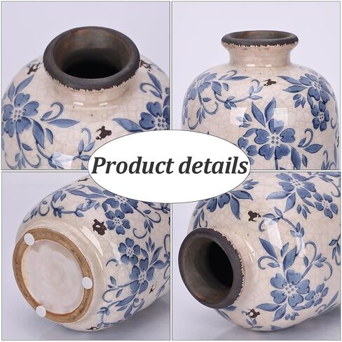 Chinoiserie Vase - 7.9" Tall Chinoiserie Decor Ice Crackle Vintage Blue and White Floral Vase, Farmhouse Country Home Decor, Living Room, Dining Table, Fireplace and Entryway Decor Centerpieces in Saudi Arabia