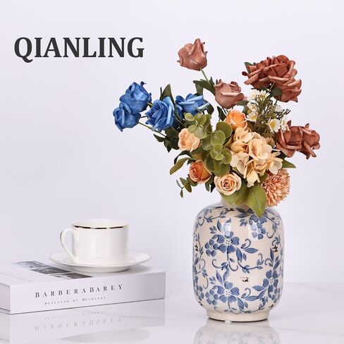 Chinoiserie Vase - 7.9" Tall Chinoiserie Decor Ice Crackle Vintage Blue and White Floral Vase, Farmhouse Country Home Decor, Living Room, Dining Table, Fireplace and Entryway Decor Centerpieces in Saudi Arabia