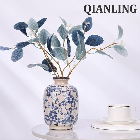 Chinoiserie Vase - 7.9" Tall Chinoiserie Decor Ice Crackle Vintage Blue and White Floral Vase, Farmhouse Country Home Decor, Living Room, Dining Table, Fireplace and Entryway Decor Centerpieces in Saudi Arabia