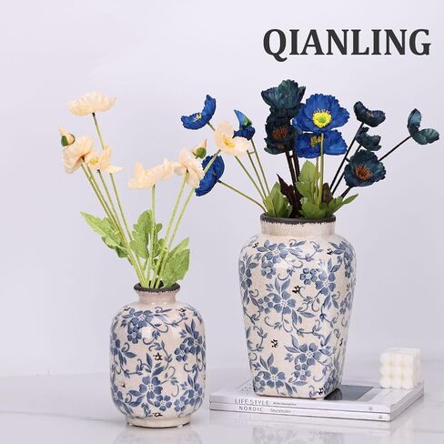 Chinoiserie Vase - 7.9" Tall Chinoiserie Decor Ice Crackle Vintage Blue and White Floral Vase, Farmhouse Country Home Decor, Living Room, Dining Table, Fireplace and Entryway Decor Centerpieces in Saudi Arabia