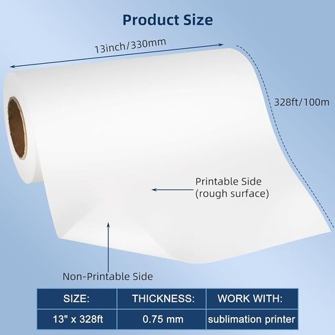 لفة ورق التسامي 13 بوصة × 328 قدم 105 جرام لكل متر مربع تجفيف سريع متوافق مع طابعة نافثة للحبر للقمصان والبهلوانات النسيج DIY in Kuwait