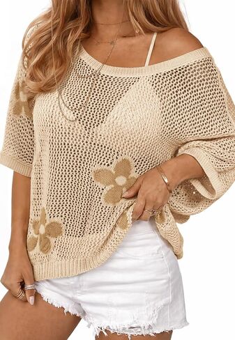 ATHMILE Womens Floral Spring Tops Summer Fashion Shirts Short Sleeve Beach Vacation Crochet Knit Sweater Lightweight Pullover in Saudi Arabia