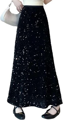 ADWAXDA Sparkly Skirt for Women, Elastic High Waist Sequin Maxi Skirt, Night Out Evening Party Cocktail Long Glitter Skirt in Saudi Arabia