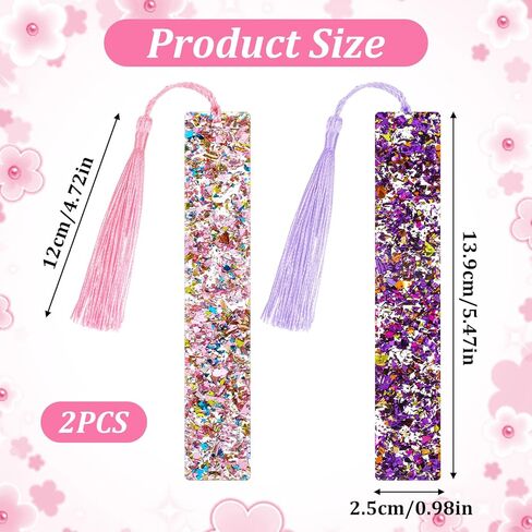 2 Pcs Glitter Bookmarks with Tassels Resin Bookmarks for Girls Kids Book Marks for Reading Purple Pink Tassel Bookmark for Girls Women Book Lover Reading Presents in Saudi Arabia
