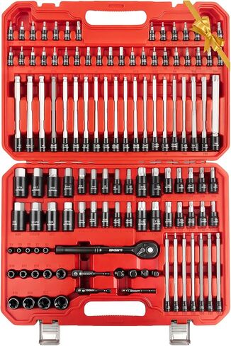 LLNDEI 115-Piece Torx & Allen Bit Socket Set, 1/4",3/8"and 1/2" Drive, Extra Long Torx//Tamper Proof Torx/Hex/Ball End Hex Socket Set, S2 Steel, SAE/Metric, with Ratchet Wrench & Adapters in Kuwait