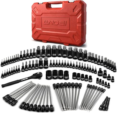 LLNDEI 115-Piece Torx & Allen Bit Socket Set, 1/4",3/8"and 1/2" Drive, Extra Long Torx//Tamper Proof Torx/Hex/Ball End Hex Socket Set, S2 Steel, SAE/Metric, with Ratchet Wrench & Adapters in Kuwait
