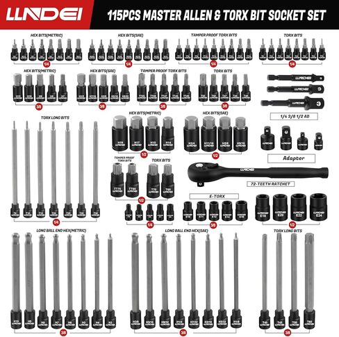 LLNDEI 115-Piece Torx & Allen Bit Socket Set, 1/4",3/8"and 1/2" Drive, Extra Long Torx//Tamper Proof Torx/Hex/Ball End Hex Socket Set, S2 Steel, SAE/Metric, with Ratchet Wrench & Adapters in Kuwait
