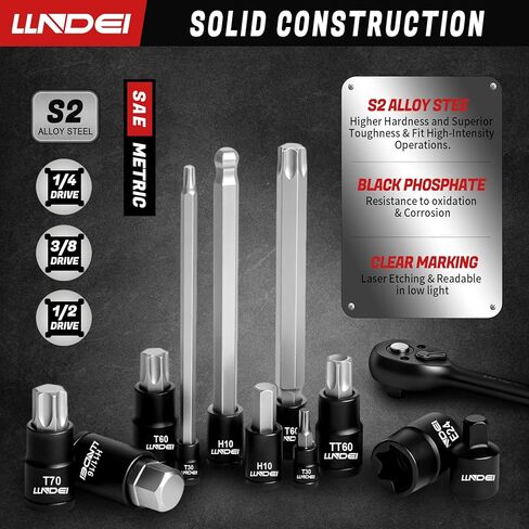 LLNDEI 115-Piece Torx & Allen Bit Socket Set, 1/4",3/8"and 1/2" Drive, Extra Long Torx//Tamper Proof Torx/Hex/Ball End Hex Socket Set, S2 Steel, SAE/Metric, with Ratchet Wrench & Adapters in Kuwait