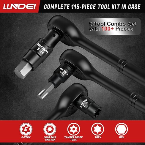 LLNDEI 115-Piece Torx & Allen Bit Socket Set, 1/4",3/8"and 1/2" Drive, Extra Long Torx//Tamper Proof Torx/Hex/Ball End Hex Socket Set, S2 Steel, SAE/Metric, with Ratchet Wrench & Adapters in Kuwait