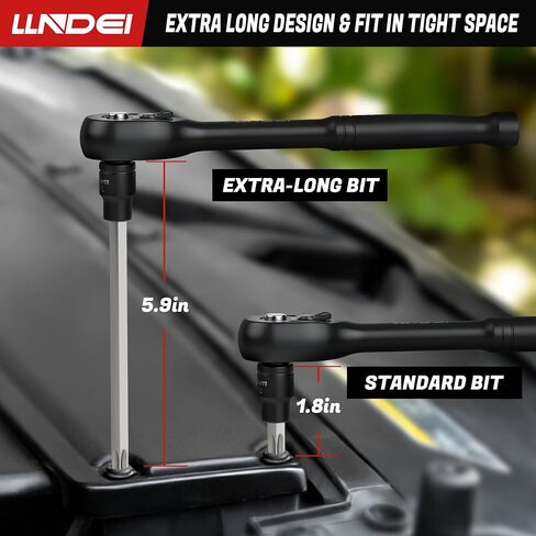 LLNDEI 115-Piece Torx & Allen Bit Socket Set, 1/4",3/8"and 1/2" Drive, Extra Long Torx//Tamper Proof Torx/Hex/Ball End Hex Socket Set, S2 Steel, SAE/Metric, with Ratchet Wrench & Adapters in Kuwait