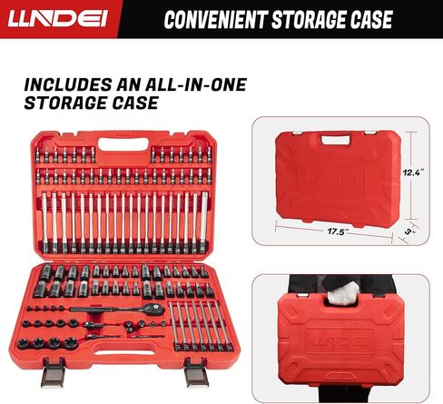 LLNDEI 115-Piece Torx & Allen Bit Socket Set, 1/4",3/8"and 1/2" Drive, Extra Long Torx//Tamper Proof Torx/Hex/Ball End Hex Socket Set, S2 Steel, SAE/Metric, with Ratchet Wrench & Adapters in Kuwait