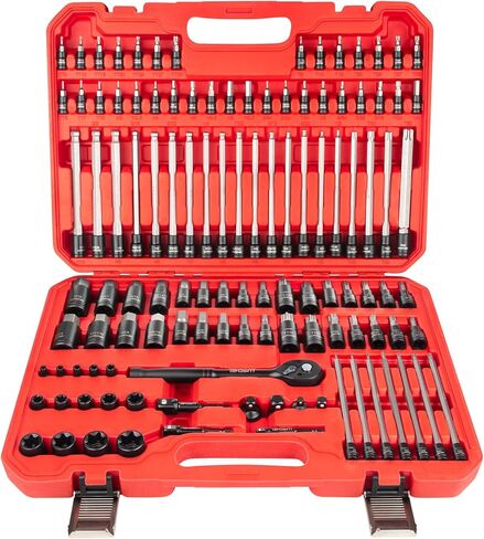 LLNDEI 115-Piece Torx & Allen Bit Socket Set, 1/4",3/8"and 1/2" Drive, Extra Long Torx//Tamper Proof Torx/Hex/Ball End Hex Socket Set, S2 Steel, SAE/Metric, with Ratchet Wrench & Adapters in Kuwait