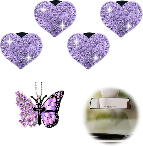 9PCS Purple Car Accessories for Women，4PCS Heart-Shaped Car Vent Clips with Rhinestone,1PCS Purple Butterfly Decoration, 4PCS "Trust In God" Rearview Mirror Stickers, Stylish Car Decoration Set in Kuwait