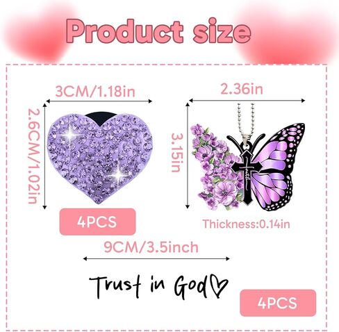 9PCS Purple Car Accessories for Women，4PCS Heart-Shaped Car Vent Clips with Rhinestone,1PCS Purple Butterfly Decoration, 4PCS "Trust In God" Rearview Mirror Stickers, Stylish Car Decoration Set in Kuwait
