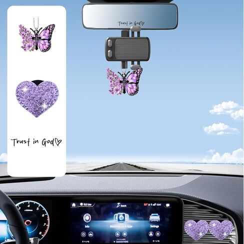 9PCS Purple Car Accessories for Women，4PCS Heart-Shaped Car Vent Clips with Rhinestone,1PCS Purple Butterfly Decoration, 4PCS "Trust In God" Rearview Mirror Stickers, Stylish Car Decoration Set in Kuwait