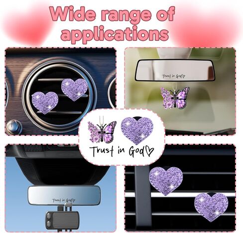 9PCS Purple Car Accessories for Women，4PCS Heart-Shaped Car Vent Clips with Rhinestone,1PCS Purple Butterfly Decoration, 4PCS "Trust In God" Rearview Mirror Stickers, Stylish Car Decoration Set in Kuwait