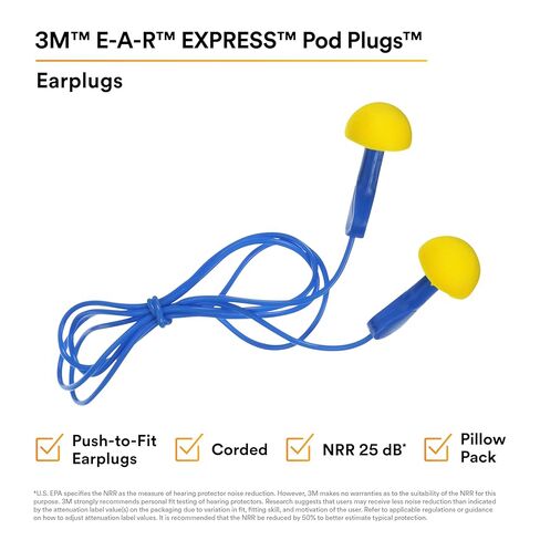 سدادات أذن 3M E-A-R EXPRESS 311-1114، سلكية، مقابض زرقاء، حزمة وسادة، عبوة من 100 قطعة in Saudi Arabia