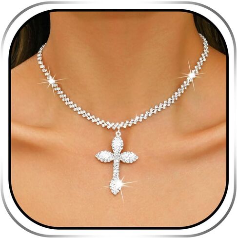 قلادة متقاطعة من حجر الراين من EARENT سلسلة قلادة كريستال فضية أنيقة مجوهرات برقبة لعيد الفصح وحفلات التخرج للنساء in Kuwait