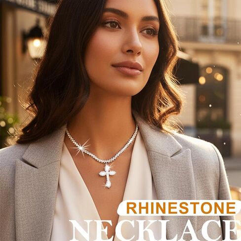 قلادة متقاطعة من حجر الراين من EARENT سلسلة قلادة كريستال فضية أنيقة مجوهرات برقبة لعيد الفصح وحفلات التخرج للنساء in Kuwait