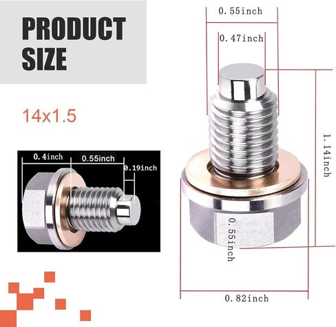 Car Stainless Steel Engine Oil Drain Plug, 14 x 1.5 Engine Sump Drain Bolt, Hex Bolt Heavy-Duty Oil Plug with Copper Gasket, Universal for Most Cars, Motorcycles, Boats (Silver) in Saudi Arabia
