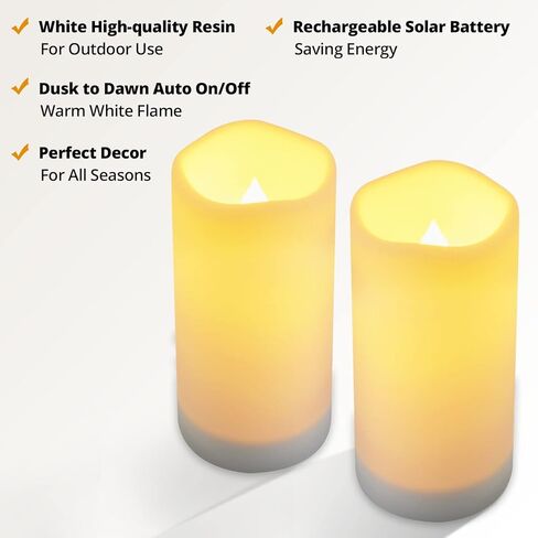 شموع كبيرة تعمل بالطاقة الشمسية في الهواء الطلق من نورادا - مجموعة شموع قابلة لإعادة الشحن مقاومة للماء عمود عديم اللهب، راتنج أبيض، ضوء LED، بطارية شمسية قابلة لإعادة الشحن متضمنة، مقاومة للماء لديكور الفناء 3.25 بوصة × 6 بوصة in Kuwait