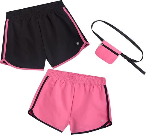 Girls Athletic Shorts - 2 Pack Performance Running Shorts for Girls with Matching Fanny Pack - Size Up for Better Fit in Kuwait