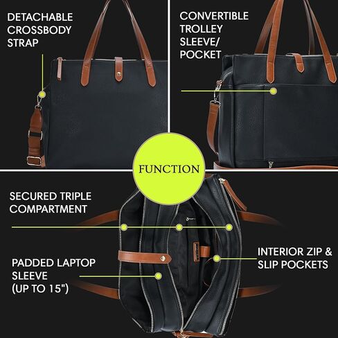 العلامات التجارية MMS Sasha + Sofi Heather Tote | حقيبة حمل ثلاثية المقصورة للنساء | حقيبة جلدية نباتية مع حزام كروس | in Kuwait