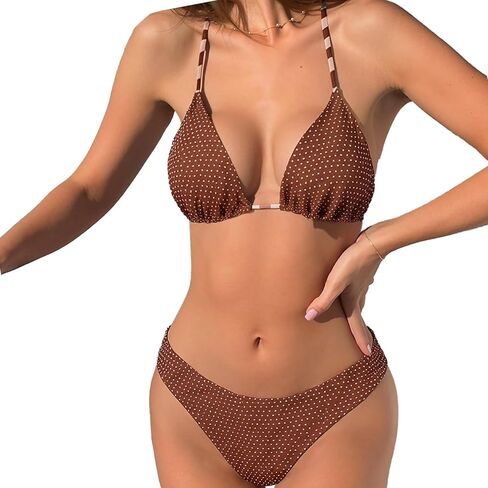 مجموعات بيكيني منقطة مثلثة للنساء، ملابس سباحة مكونة من قطعتين، بدلات استحمام هالتر، ملابس سباحة متوسطة الارتفاع in Kuwait