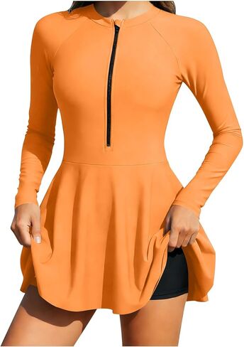 Women's Long Sleeve Two Piece Rash Guard Modest Swimsuits Dress Zipper Surfing Bathing Swimkirt with Shorts UPF 50+ in Saudi Arabia