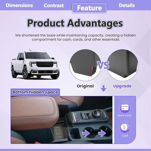 RUNROAD Center Console Storage Box Compatible with 2022 2023 2024 2025 2026 Ford Maverick Accessories, Armrest Trash Can For Maverick Insert Middle Console Organizer Bin Multi-Function Cup Holder in Saudi Arabia