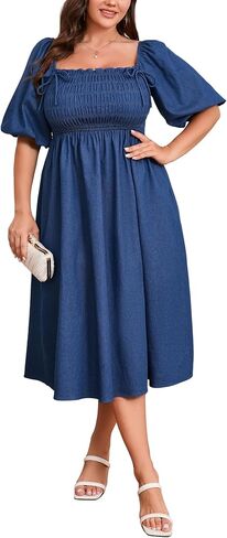 فستان صيفي من قماش الدنيم بمقاس كبير L-4XL، بأكمام قصيرة بدون أكتاف قابلة للعكس مع جيوب، فساتين جينز للنساء ذوات القوام الممتلئ in Kuwait