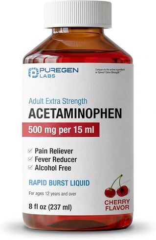 Puregen Labs Adult Extra Strength Acetaminophen Liquid 500mg/15ml - 8 fl oz Rapid Burst Pain Reliever/Fever Reducer, Cherry Flavor | Muscle & Joint Pain Relief | Arthritis Pain Relief in Kuwait