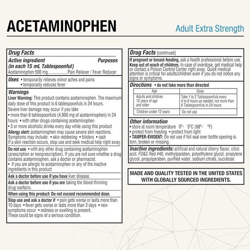 Puregen Labs Adult Extra Strength Acetaminophen Liquid 500mg/15ml - 8 fl oz Rapid Burst Pain Reliever/Fever Reducer, Cherry Flavor | Muscle & Joint Pain Relief | Arthritis Pain Relief in Kuwait