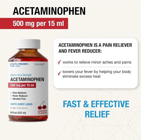 Puregen Labs Adult Extra Strength Acetaminophen Liquid 500mg/15ml - 8 fl oz Rapid Burst Pain Reliever/Fever Reducer, Cherry Flavor | Muscle & Joint Pain Relief | Arthritis Pain Relief in Kuwait
