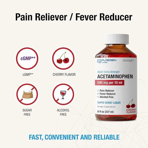 Puregen Labs Adult Extra Strength Acetaminophen Liquid 500mg/15ml - 8 fl oz Rapid Burst Pain Reliever/Fever Reducer, Cherry Flavor | Muscle & Joint Pain Relief | Arthritis Pain Relief in Kuwait