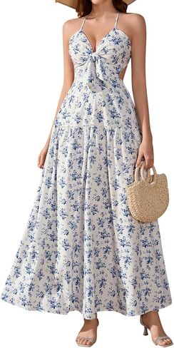 الصيف الأزهار فستان ماكسي قطع بوهو السباغيتي حزام ربطة القوس فيونكة الدانتيل يصل خط فستان عطلة الشاطئ للنساء 2026 in Kuwait