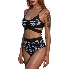 DRESSFO جمجمة الهيكل العظمي مطبوعة كروس Tankini ملابس السباحة عالية تمتد 2 قطعة ثوب السباحة in Kuwait