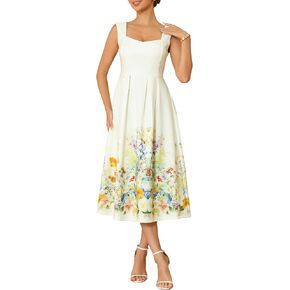 Women's Vintage 50s Dress Cocktail Sleeveless Square Neck Midi Floral A-Line Dresses in Kuwait