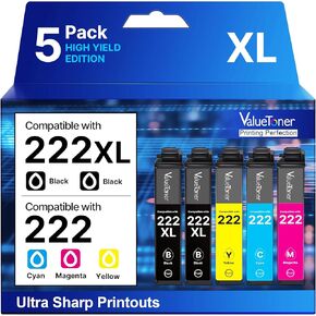 222XL Ink Cartridges for Epson Printer (5-Pack) High-Capacity Black & Standard Color Remanufactured for Epson 222 Ink Cartridges 222XL Work with Workforce WF-2960 Expression XP-5200 Printer in Kuwait