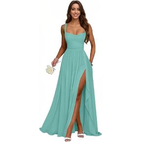 IIF Bridesmaid Dresses Square Neck Long Chiffon Ruffle Slit Pleated Evening Dresses for Women IIF204 in Kuwait