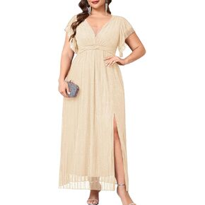 Plus Size Sparkly Formal Maxi Dress V Neck A Line Ruffle Sleeves Slit Evening Gown Wedding Guest Cocktail Prom in Kuwait